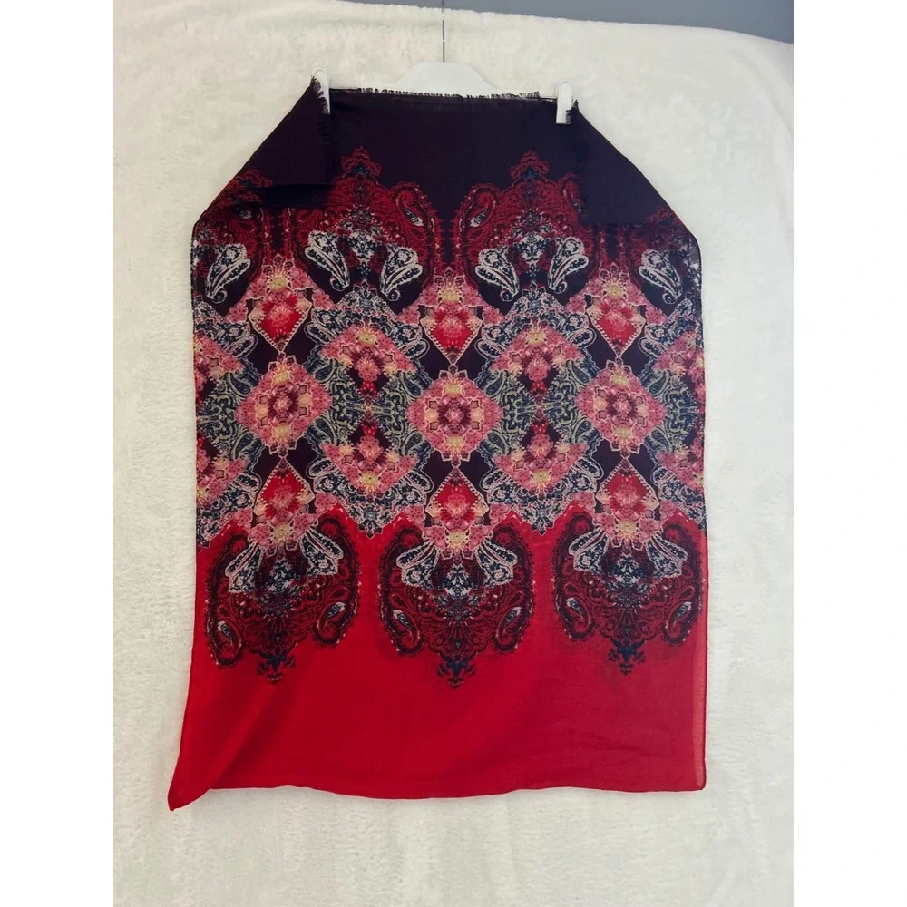 Bohemian Red‎ Paisley Medallion Print Scarf with Eyelash Fringe Trim 70x27